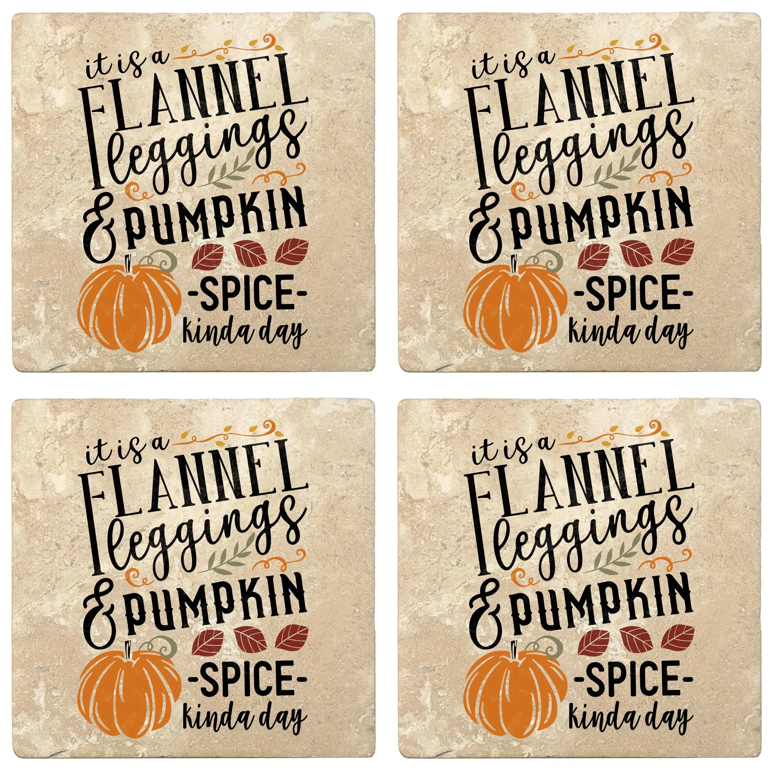 4" Absorbent Stone Fall Autumn Coasters, Flannel Leggings And Pumpkin Spice, 2 Sets of 4, 8 Pieces