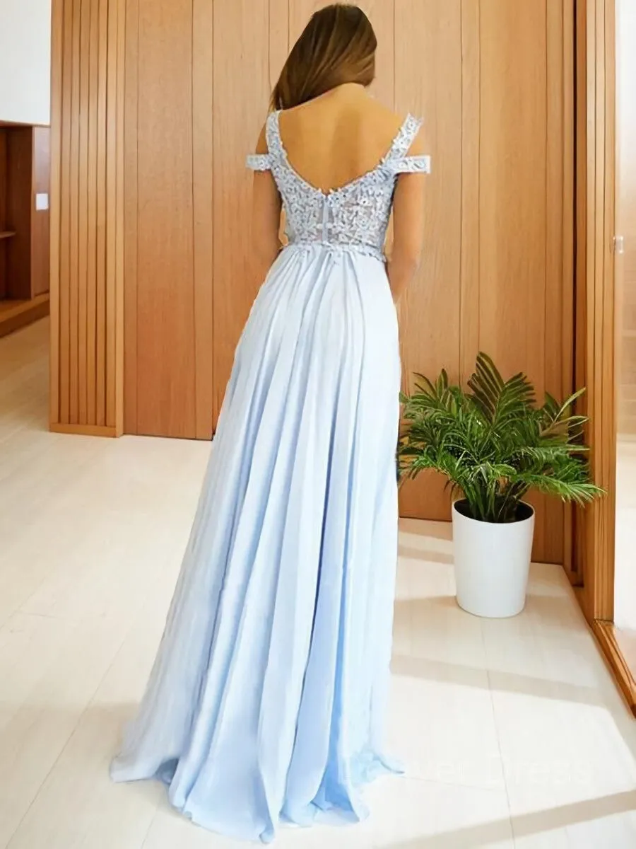 A-Line Off-the-Shoulder Floor-Length Chiffon Prom Dresses With Leg Slit