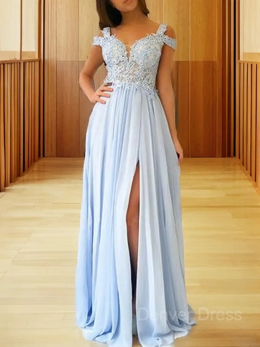 A-Line Off-the-Shoulder Floor-Length Chiffon Prom Dresses With Leg Slit