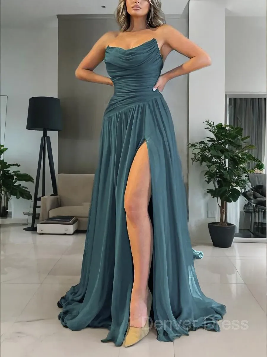 A-Line Strapless Sweep Train 30D Chiffon Prom Dresses With Leg Slit