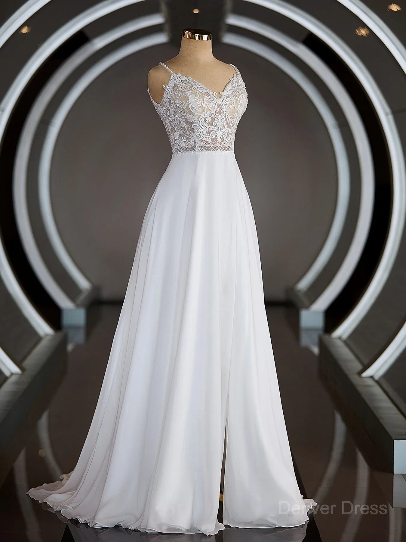 A-Line V-neck Court Train Chiffon Wedding Dresses with Leg Slit