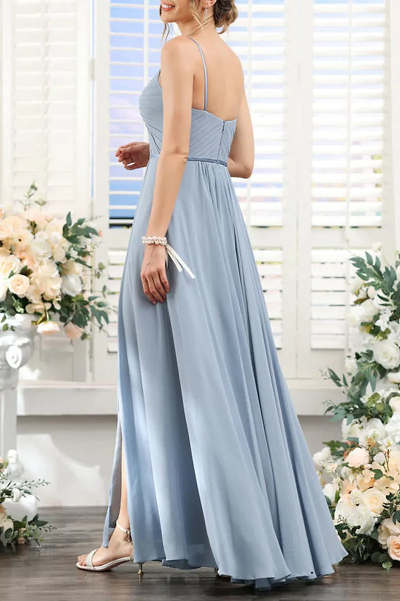 B4127 - V-Neck Spaghetti Straps Ruched A-Line Long Bridesmaid Dress