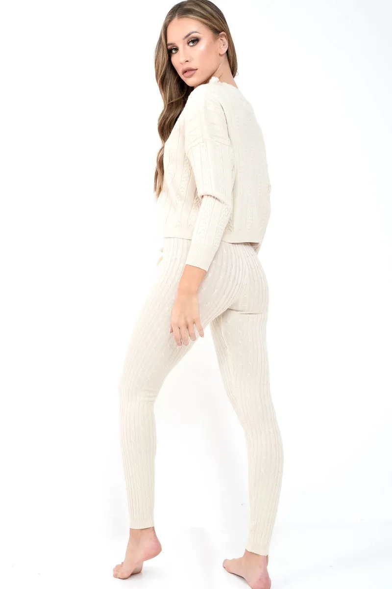 Beige Fine Cable Knit Loungewear Set - Lizette