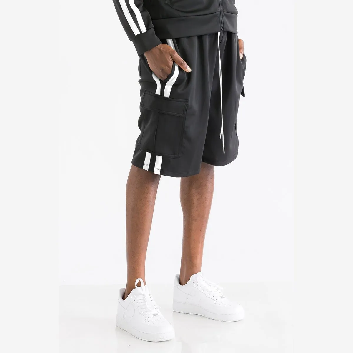 Black & White Two Stripe Cargo Pocket Track Shorts