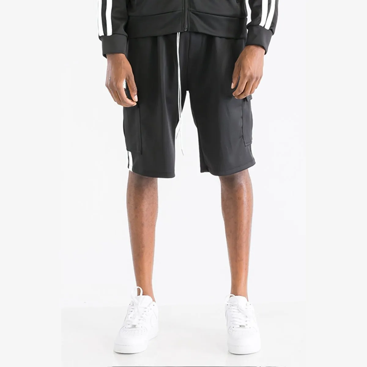 Black & White Two Stripe Cargo Pocket Track Shorts