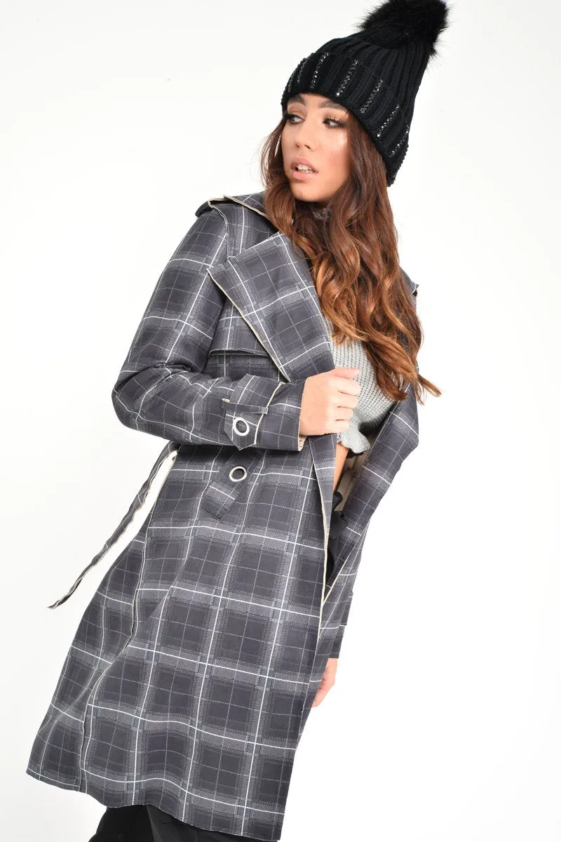 Black Check Faux Suede Eyelet Detail Trench Coat - Safiyya