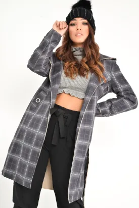 Black Check Faux Suede Eyelet Detail Trench Coat - Safiyya