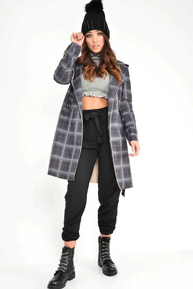 Black Check Faux Suede Eyelet Detail Trench Coat - Safiyya