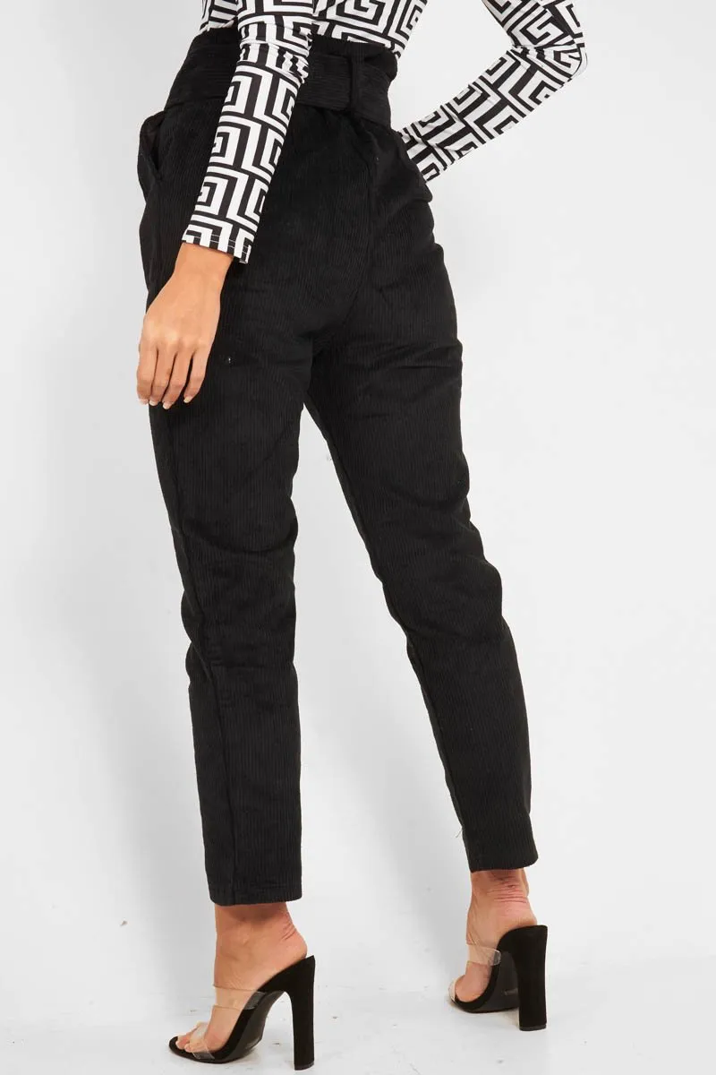 Black Corduroy Belted Tapered Trousers - Janelle