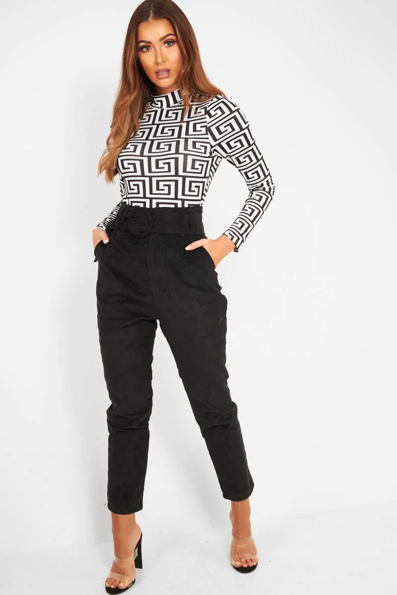 Black Corduroy Belted Tapered Trousers - Janelle