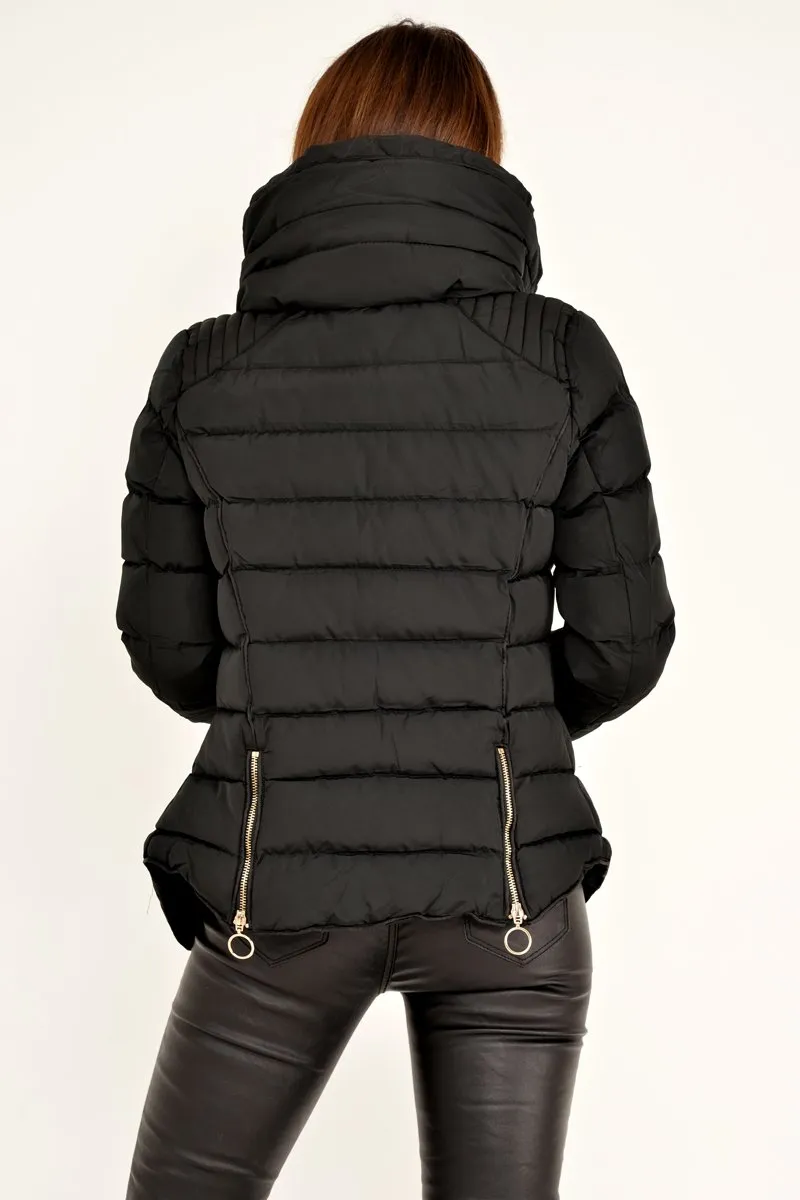 Black Fur Lined Ring Pull Puffer Coat - Riko