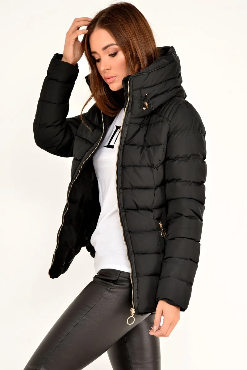 Black Fur Lined Ring Pull Puffer Coat - Riko