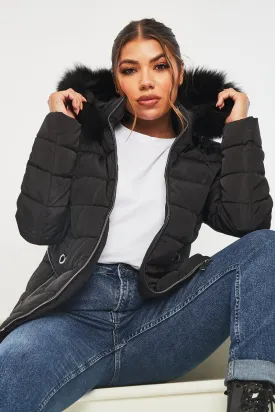 Black Fur Trim Hood Puffer Coat - Reva