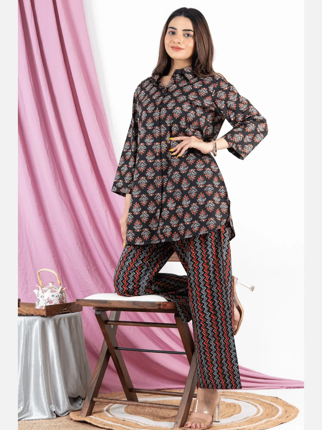 Black Maroon Collared Cotton Loungewear