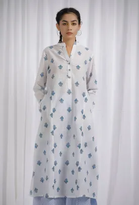 Blue and Green Block Printed Cotton Flared Kurta