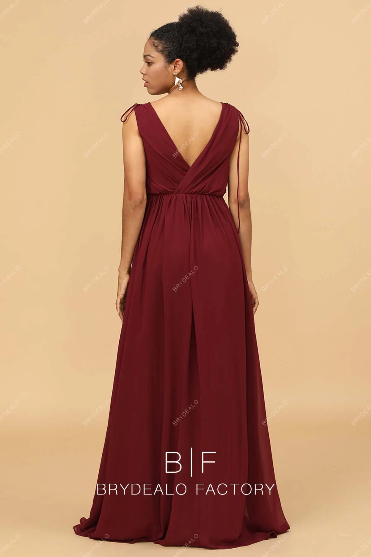 Burgundy Shoulder Tie Ruched Neck Long Chiffon Slit Bridesmaid Dress