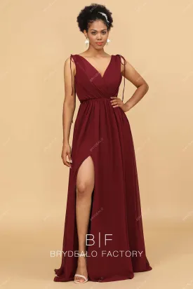 Burgundy Shoulder Tie Ruched Neck Long Chiffon Slit Bridesmaid Dress