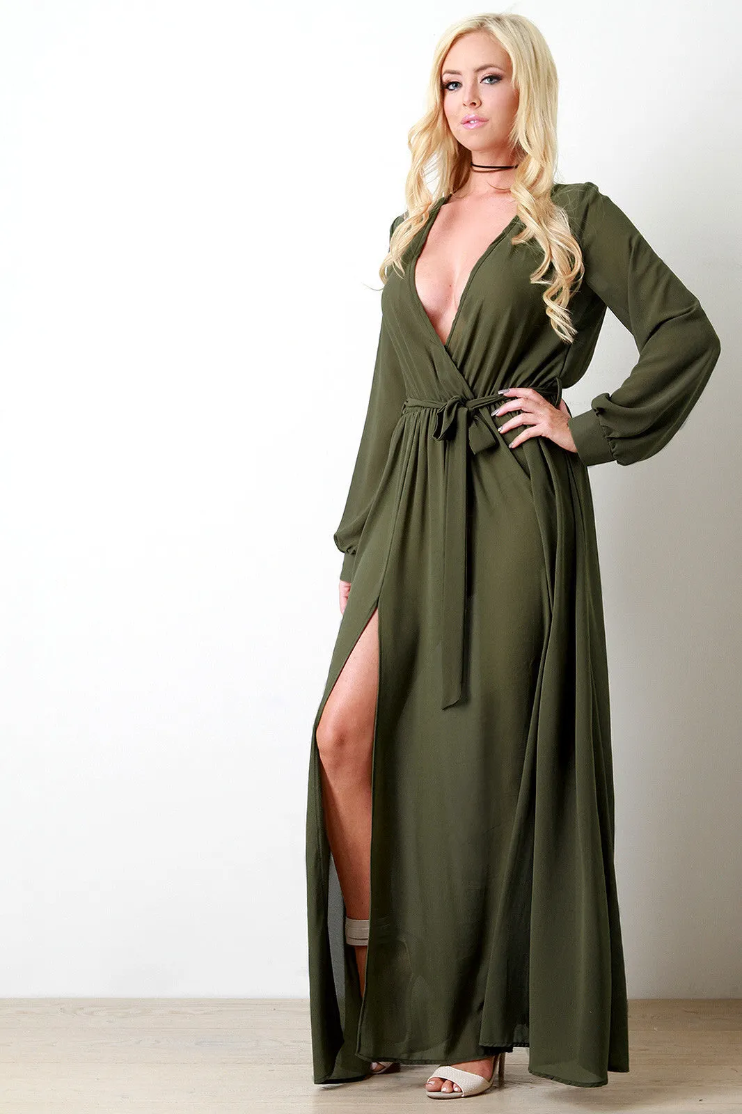 Chiffon Surplice Wrap Front Slit Maxi Dress