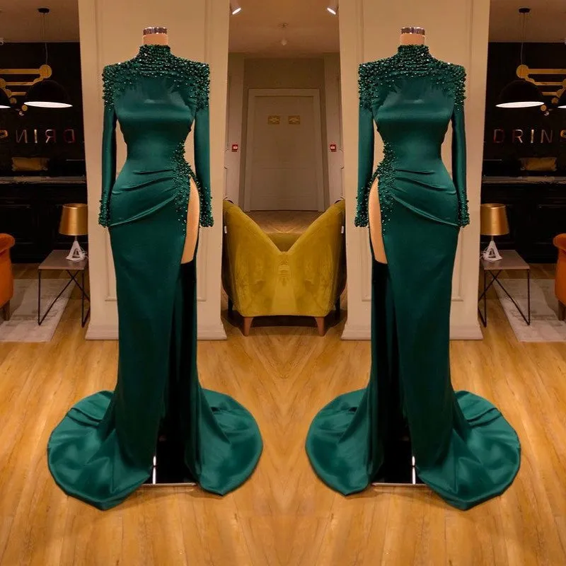 Dark Green Beadings Pearl Long Sleeves Evening Gowns Mermaid Prom Dress With Slit