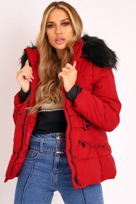 Dark Red Fur Trim Adjustable Waist Puffer Coat - Rossie