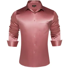 DiBanGu Dress Shirt Coral Red Satin Solid Long Sleeve Button Up Shirt for Men