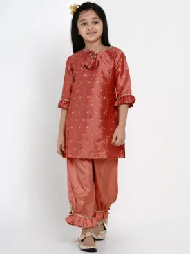 Girls Rust Ethnic Motifs Embroidered Kurta with Trousers