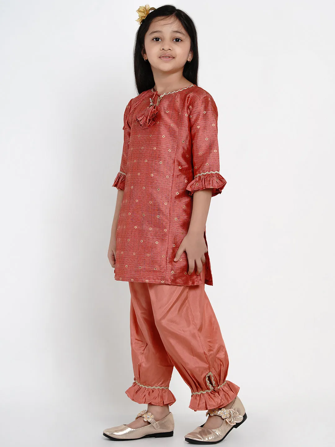 Girls Rust Ethnic Motifs Embroidered Kurta with Trousers