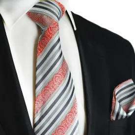 Gray and Red Striped Silk Tie and Pocket Square