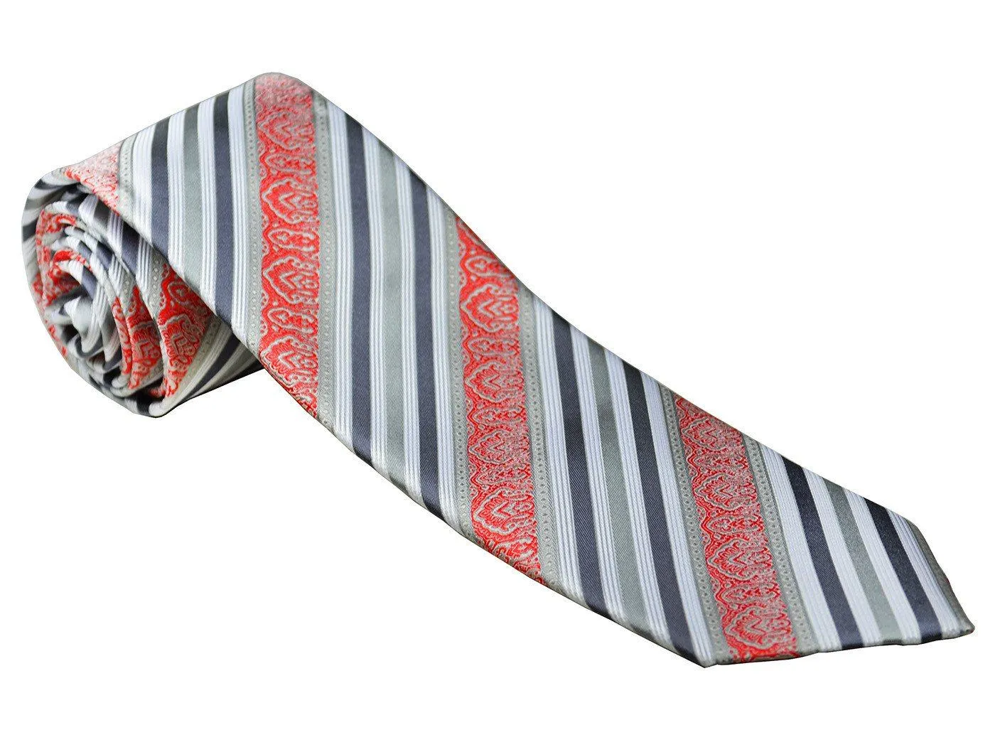 Gray and Red Striped Silk Tie and Pocket Square