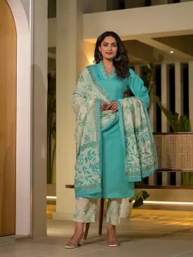 Green Cotton Straight Embroidered On Yoke Kurta With Trousers And Dupatta Set