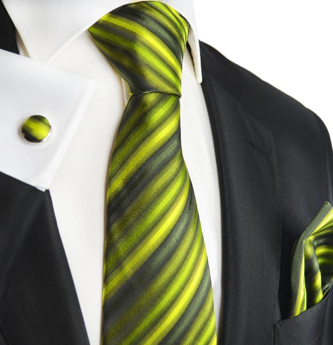 Green Striped Silk Necktie Set by Paul Malone