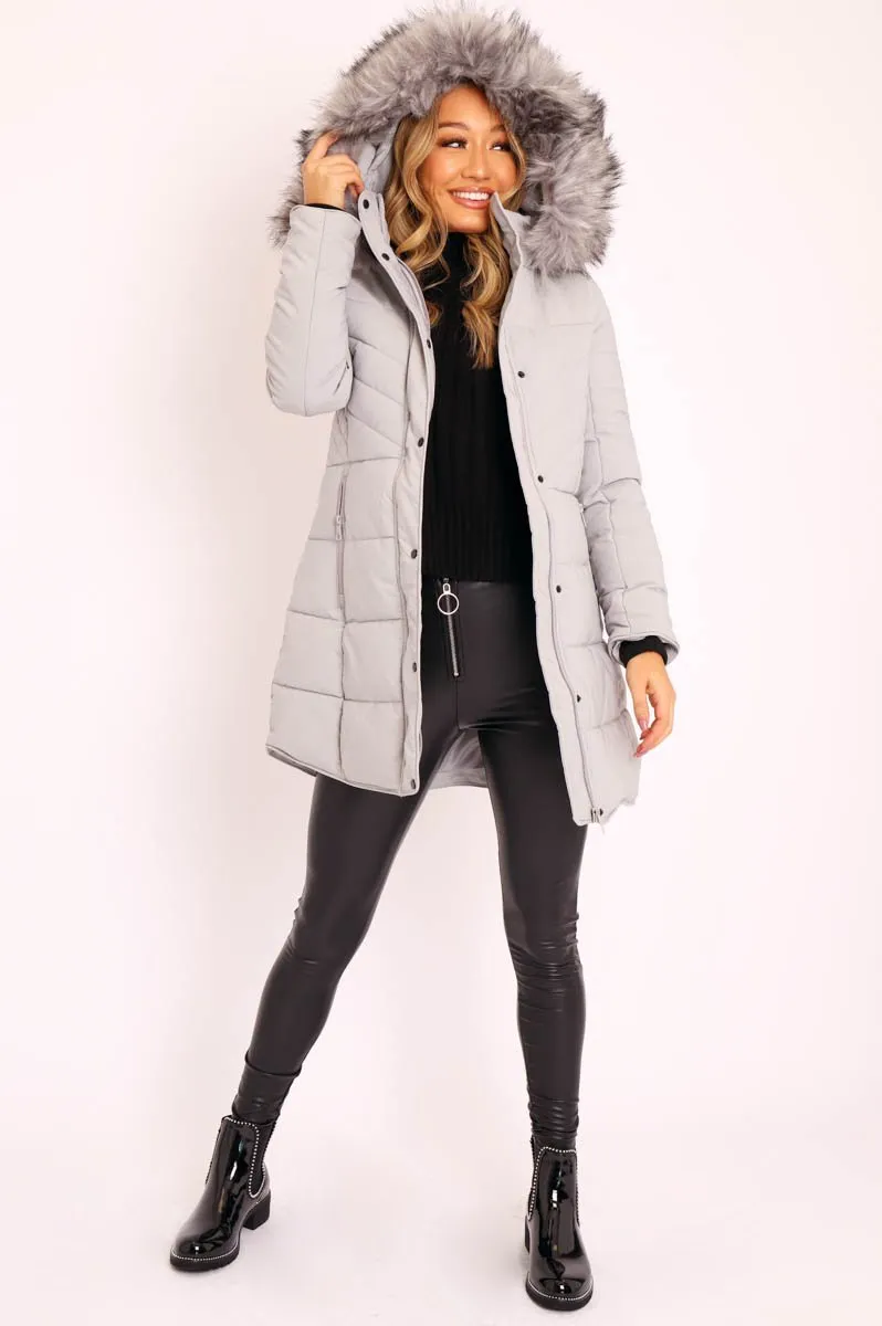 Grey Adjustable Back Long Puffer Coat - Maezie