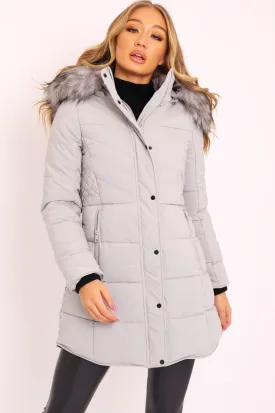 Grey Adjustable Back Long Puffer Coat - Maezie