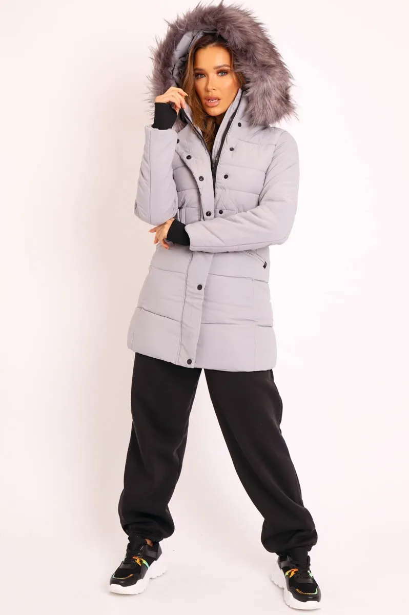 Grey Adjustable Waist Longline Puffer Coat - Zofia