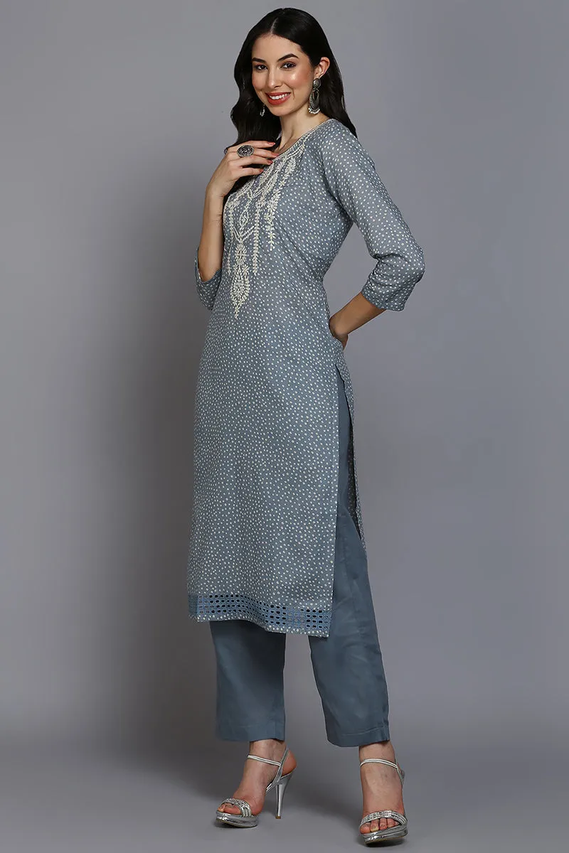 Grey Cotton Bandhani Straight Suit Set