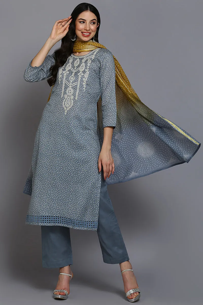 Grey Cotton Bandhani Straight Suit Set