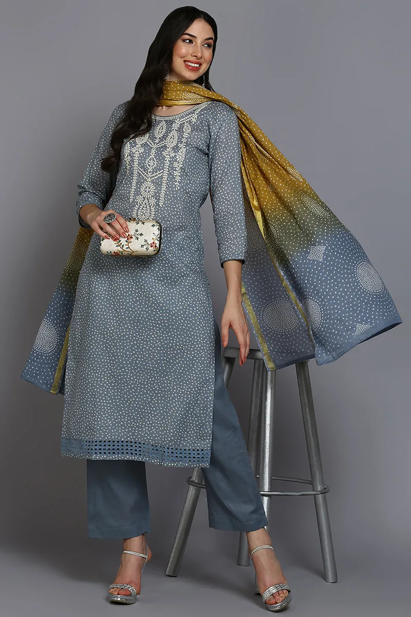 Grey Cotton Bandhani Straight Suit Set