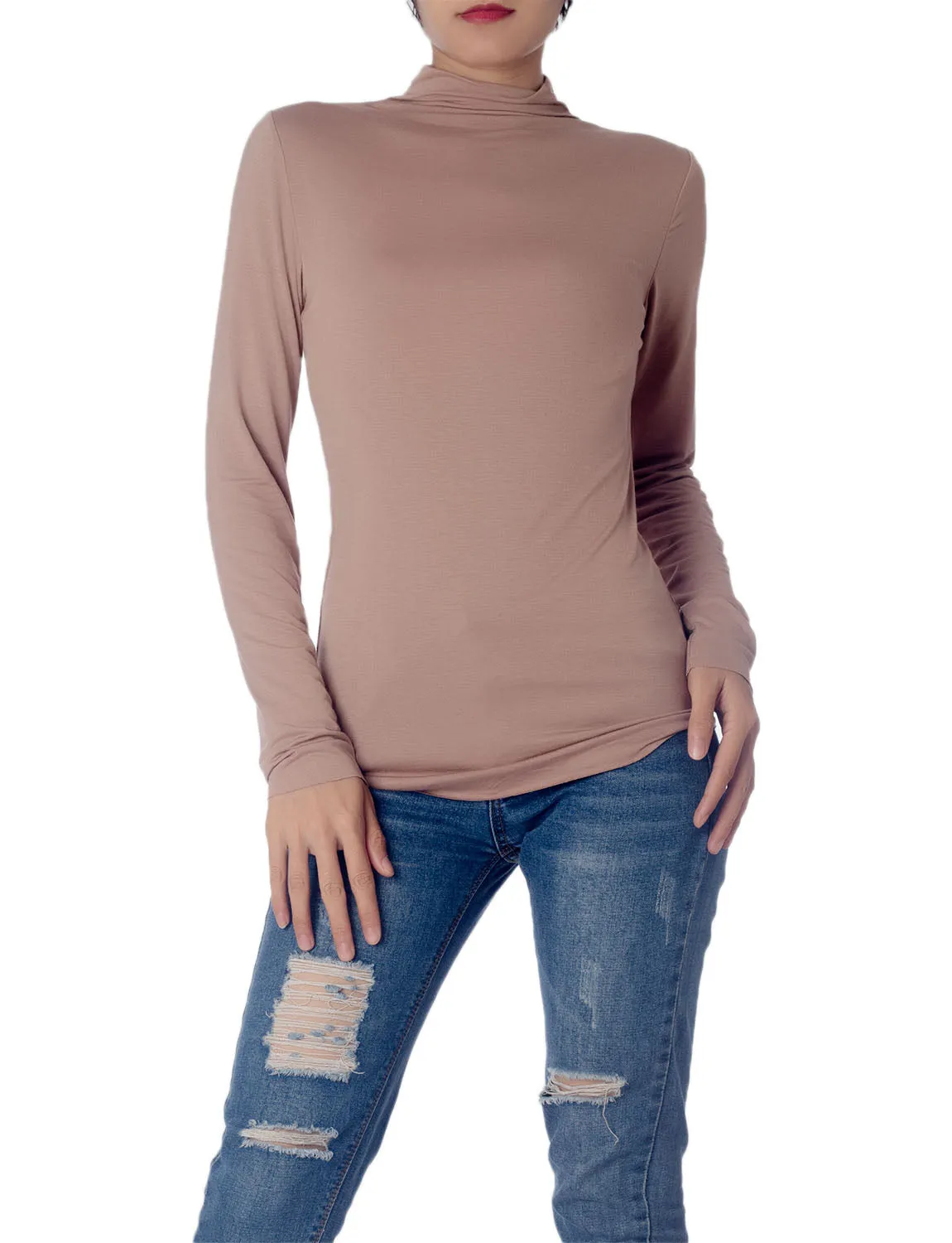 iB-iP Women's Tops Turtleneck Slim Fit Long Sleeve High Neck Cozy Silky Henley