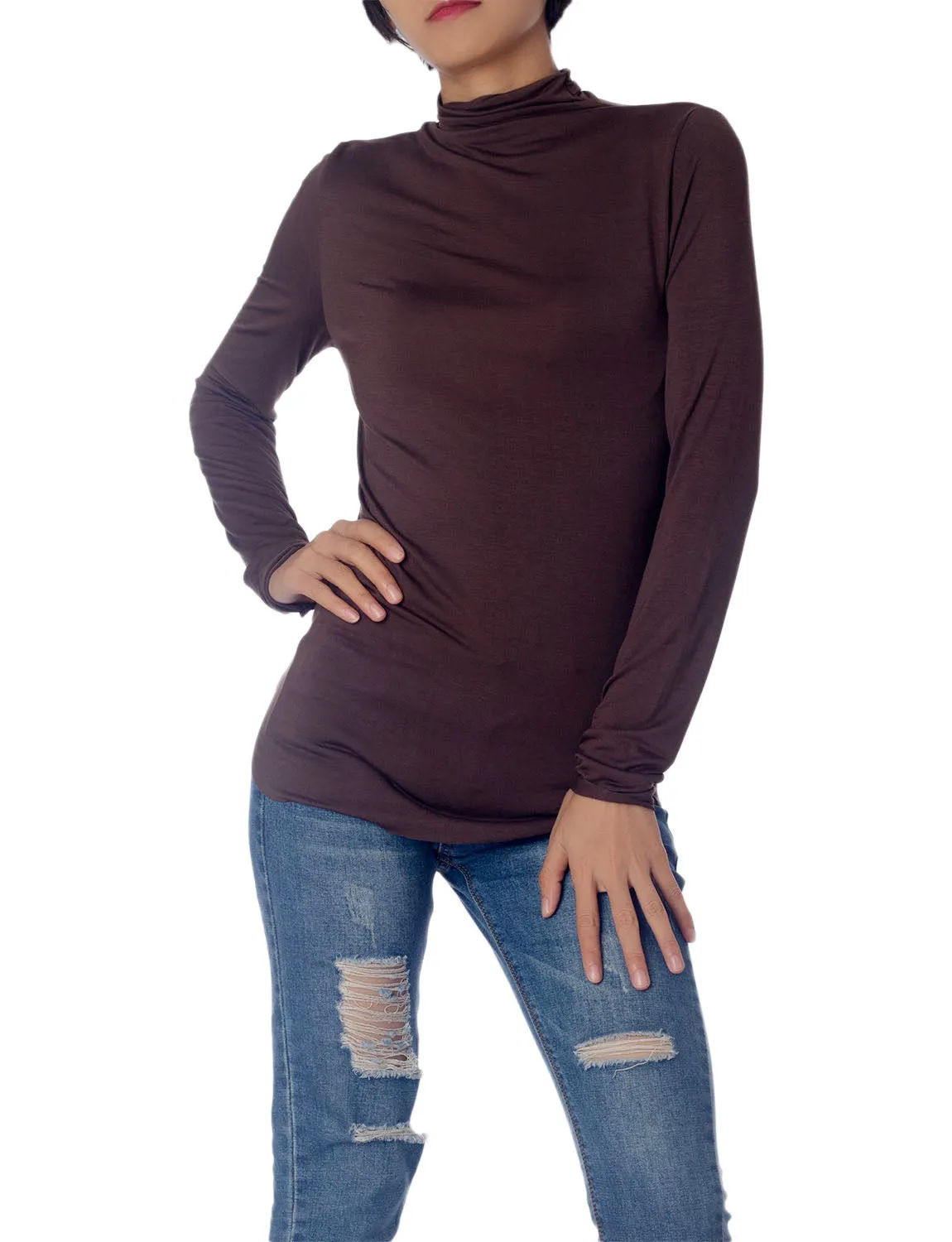 iB-iP Women's Tops Turtleneck Slim Fit Long Sleeve High Neck Cozy Silky Henley