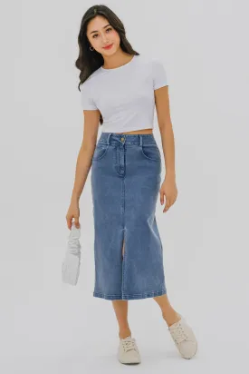 Insider Front Slit Denim Skirt (Blue)