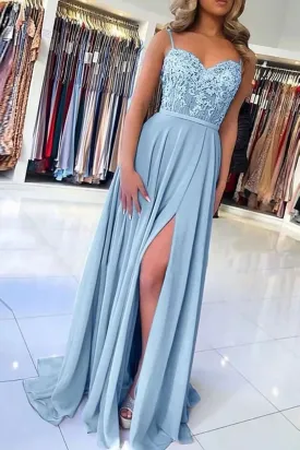 Light Blue Chiffon Slit Spaghetti Straps Prom Dresses