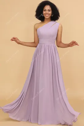 Lilac Ruched One Shoulder Chiffon Floor Length Dress