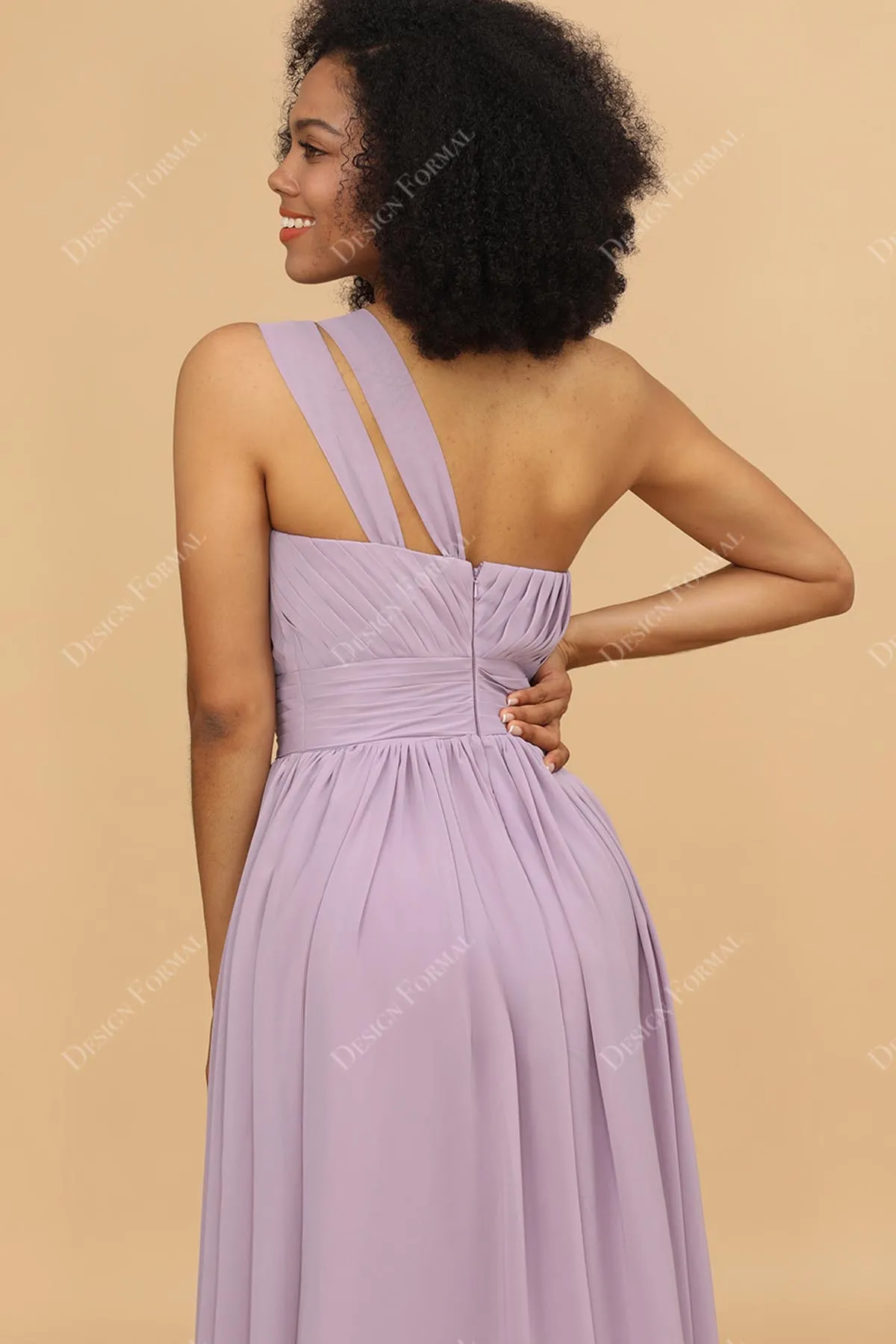 Lilac Ruched One Shoulder Chiffon Floor Length Dress