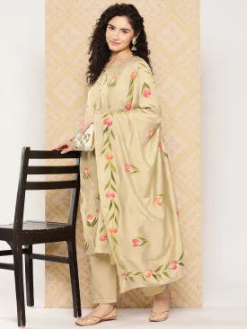 Olive Green Floral Embroidered Regular Sequinned Kurta With Trousers & With Dupatta