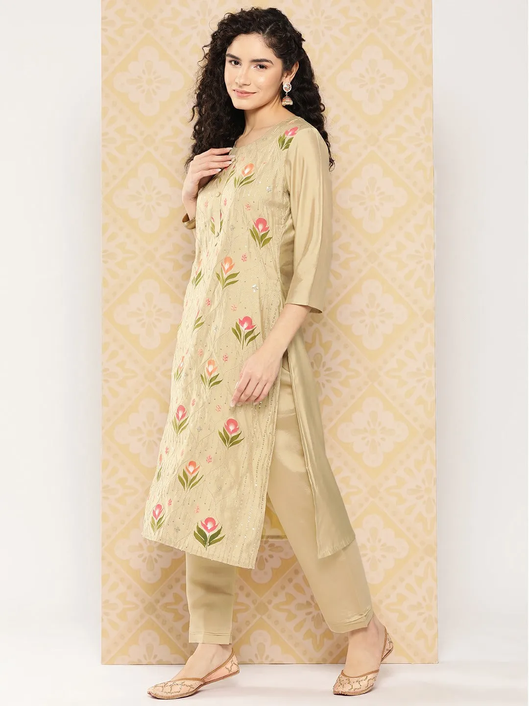 Olive Green Floral Embroidered Regular Sequinned Kurta With Trousers & With Dupatta