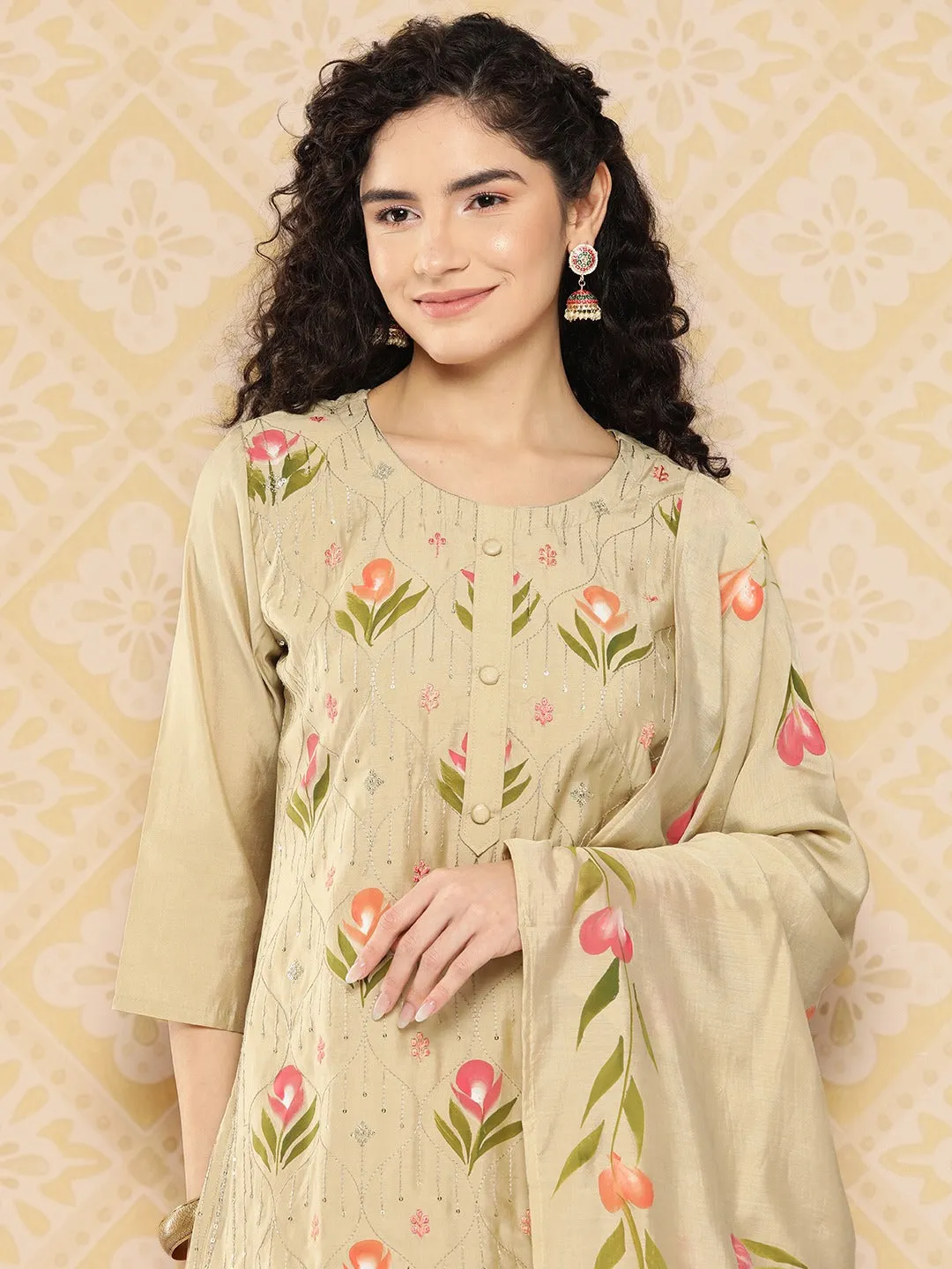 Olive Green Floral Embroidered Regular Sequinned Kurta With Trousers & With Dupatta