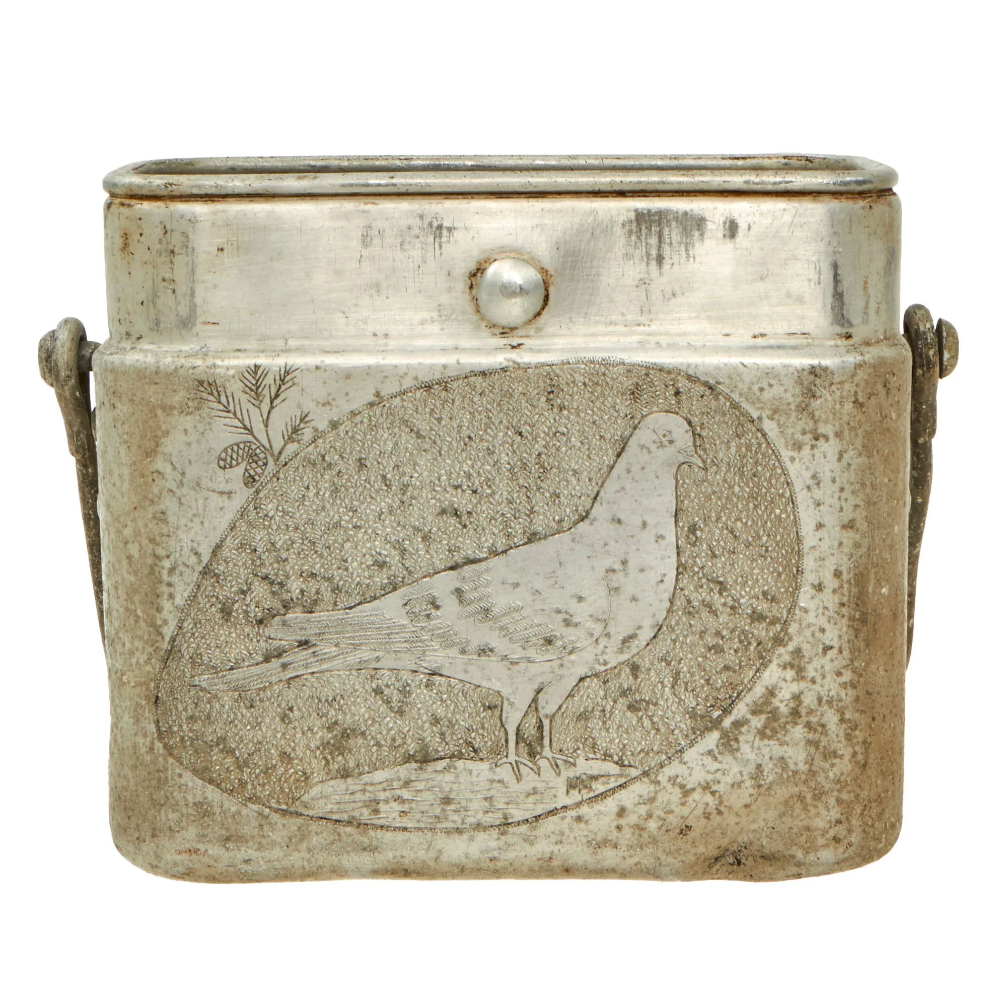 Original French WWII Engraved Trench Art M1935 Field Mess Kit with Dove & Naked Woman on Inner Tray - Dated 1937 - As Featured In The Book “Trench Art, An Illustrated History” by Jane Kimball on Page 347