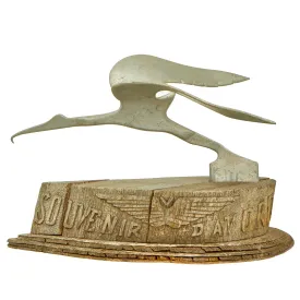 Original French WWII Era Aluminum Crane Trench Art Avord Air Base Souvenir on Wood Base With Free French Air Force “Victory” Pilot Wings Relief