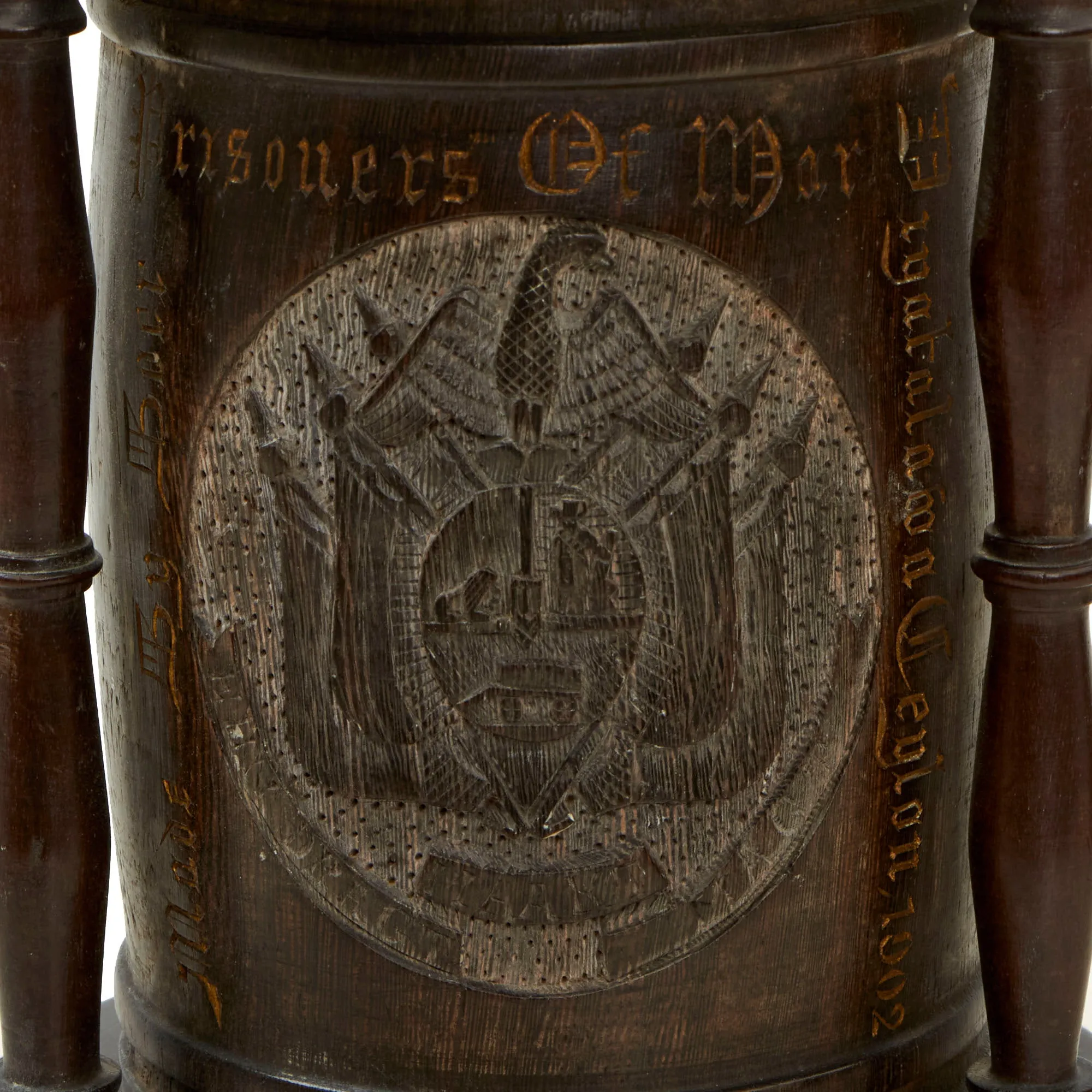 Original Prisoner of War Boer Wars Carved “Trench Art” Wooden Tobacco Humidor Barrels Carved by Boer Prisoner, Diyatalawa Ceylon Camp, As Featured In The Book “Trench Art, An Illustrated History” by Jane Kimball on Page 21 - 2 Items