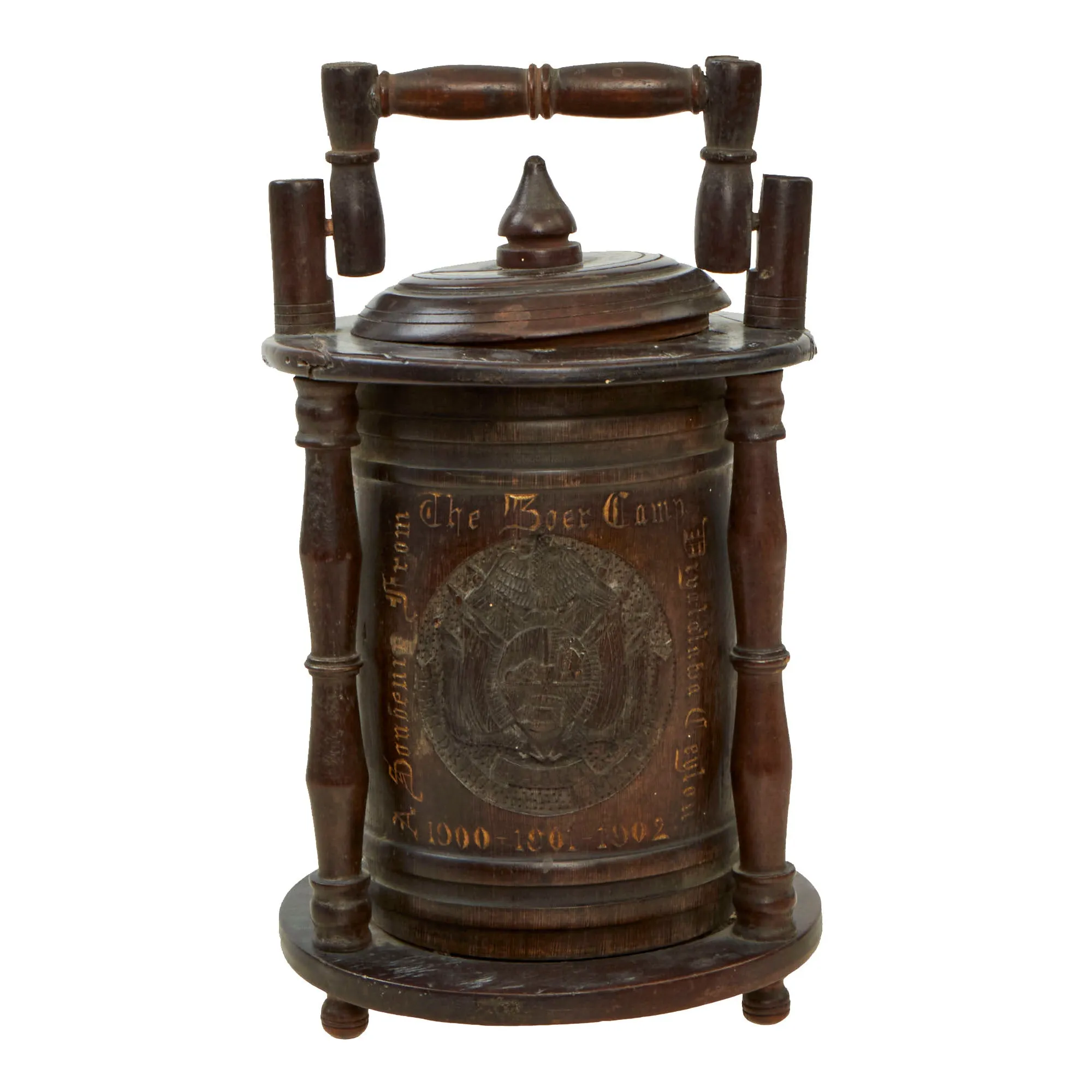 Original Prisoner of War Boer Wars Carved “Trench Art” Wooden Tobacco Humidor Barrels Carved by Boer Prisoner, Diyatalawa Ceylon Camp, As Featured In The Book “Trench Art, An Illustrated History” by Jane Kimball on Page 21 - 2 Items